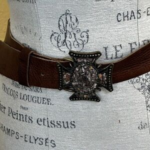 LeatherRock Vintage Brown Leather Belt with Ornate Stone Gothic Cross Buckle 34